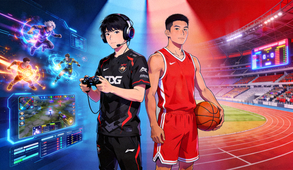 电竞选手与传统运动员并肩而立，背景融合了游戏界面与体育场元素