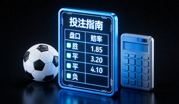 投注指南示意图，包含盘口赔率图表、足球和计算器，背景为深色科技感