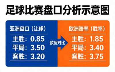足球比赛盘口分析示意图，显示亚洲盘口与欧赔数据对比